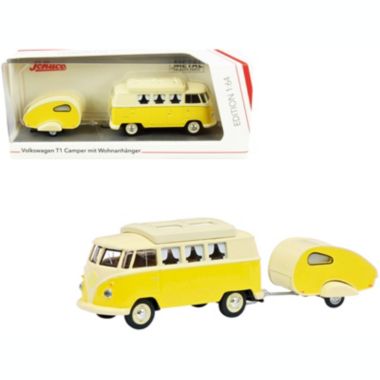 Carfaxo Volkswagen T1 Camper Bus with Travel Trailer Yellow and Cream 1/64 Diecast Models by Schuco. View a larger version of this product image.