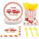 Alternate image 0 for Blue Panda 144 Pieces Firefighter Party Decorations, Disposable Dinnerware Set with Firetruck Paper Plates, Red Truck Napkins, Cups, Cutlery (Serves 24)