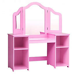 Costway Kids Tri Folding Mirror Makeup Dressing Vanity Table Set-Pink