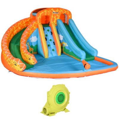 Outsunny Giraffe Style Kids Inflatable Water Slide 4 in 1 Inflatable Bouncer House Slide Pool Gun Climbing Wall with Air Blower for Summer Playland