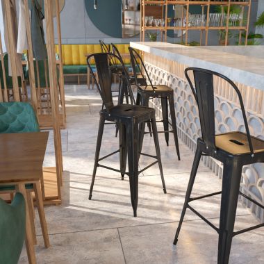 Flash Furniture Kai Commercial Grade 30" High Black-Antique Gold Metal Indoor-Outdoor Barstool with Removable Back. View a larger version of this product image.