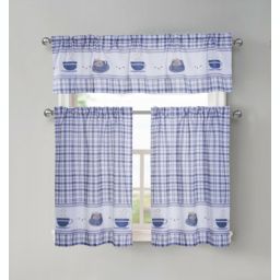 GoodGram Plaid Coffee Time 3 Pc Cafe Kitchen Curtain Tier & Valance Set - 56 in. W x 36 in. L, Blue