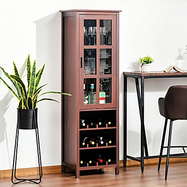 HOMCOM Tall Wine Cabinet Bar Display Cupboard with Glass Door and 3 Storage Compartment for Living Room, Home Bar, Dining Room, Walnut. View a larger version of this product image.