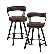 Lazzara Home Avignon 35.5 in. Mottled Silver Low Back Metal Frame Swivel Bar Stool with Brown Faux Leather Seat (Set of 2)