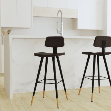 Merrick Lane Aragon Brown Faux Leather Barstools Contemporary Upholstered Stools with Black Metal Frame and Integrated Footrest - Set of 2. View a larger version of this product image.