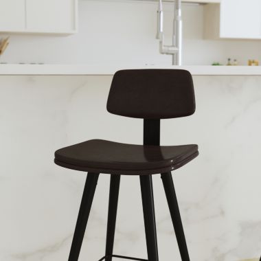 Merrick Lane Aragon Brown Faux Leather Barstools Contemporary Upholstered Stools with Black Metal Frame and Integrated Footrest - Set of 2. View a larger version of this product image.