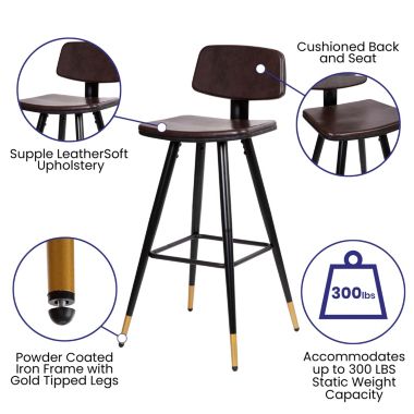 Merrick Lane Aragon Brown Faux Leather Barstools Contemporary Upholstered Stools with Black Metal Frame and Integrated Footrest - Set of 2. View a larger version of this product image.
