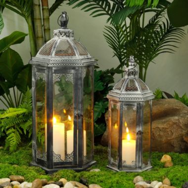 JHY DESIGN 24.5" & 18" High Outdoor Decorative Candle Lanterns Metal Candle Holder with Tempered Glass. View a larger version of this product image.