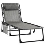 Outsunny Reclining Lounge Chair, Portable Sun Lounger, Folding Camping Cot, with Adjustable Backrest and Removable Pillow, for Patio, Garden, Beach, Mixed Grey
