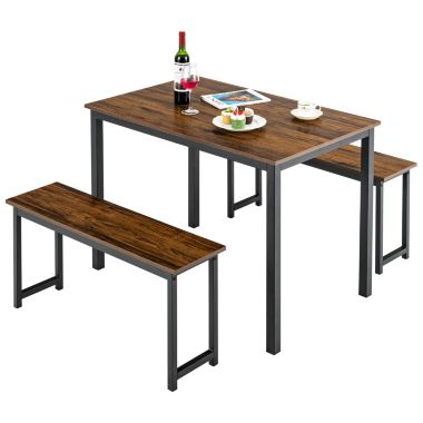 Slickblue 3 Pieces Dining Table Set with 2 Benches for Dining Room Kitchen Bar-Brown. View a larger version of this product image.