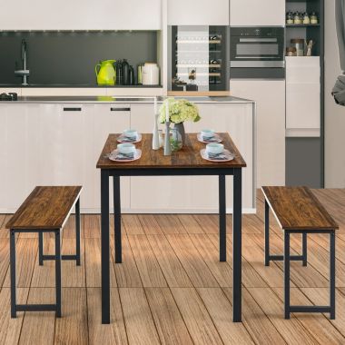 Slickblue 3 Pieces Dining Table Set with 2 Benches for Dining Room Kitchen Bar-Brown. View a larger version of this product image.