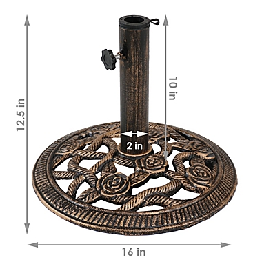 Sunnydaze Outdoor Heavy-Duty Cast Iron Decorative Rose Blossom Design Patio Yard Round Umbrella Base Stand - 16" - Bronze. View a larger version of this product image.