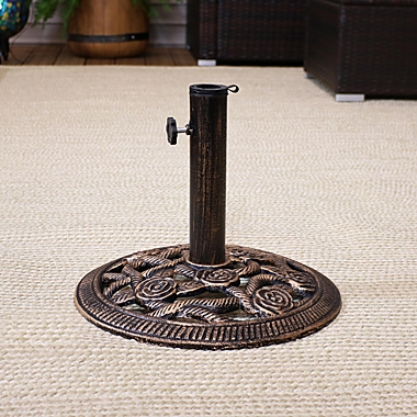 Sunnydaze Outdoor Heavy-Duty Cast Iron Decorative Rose Blossom Design Patio Yard Round Umbrella Base Stand - 16" - Bronze. View a larger version of this product image.