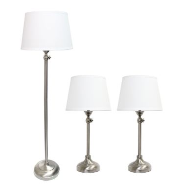 Lalia Home Perennial Modern Manhattan Extendable 3 Piece Metal Lamp Set (2 Table Lamps, 1 Floor Lamp) with White Tapered Drum Fabric Shades and Brushed Nickel Finish. View a larger version of this product image.