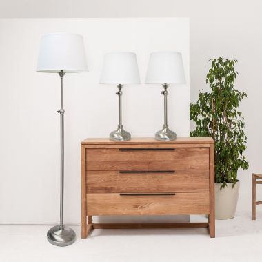 Lalia Home Perennial Modern Manhattan Extendable 3 Piece Metal Lamp Set (2 Table Lamps, 1 Floor Lamp) with White Tapered Drum Fabric Shades and Brushed Nickel Finish. View a larger version of this product image.