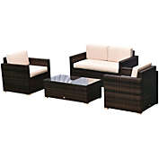 Outsunny 4-Piece Cushioned Patio Furniture Set, with 2 Chairs, Loveseat, and Glass Coffee Table, Rattan Wicker, Brown/Beige