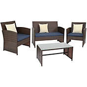 Sunnydaze Outdoor Ardfield Patio Conversation Furniture Set with Loveseat, Chairs, and Table - Brown and Navy - 4pc
