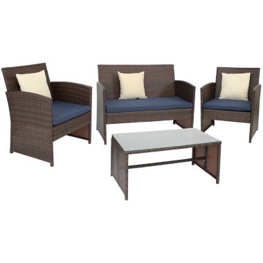 Sunnydaze Outdoor Ardfield Patio Conversation Furniture Set with Loveseat, Chairs, and Table - Brown and Navy - 4pc. View a larger version of this product image.