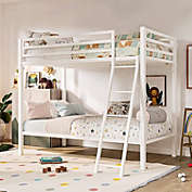 Slickblue Twin over Twin Modern Metal Bunk Bed Frame in White with Ladder