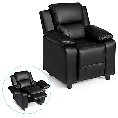 Gymax Deluxe Padded Kids Sofa Armchair Recliner Headrest Children w/ Storage Arm Black. View a larger version of this product image.