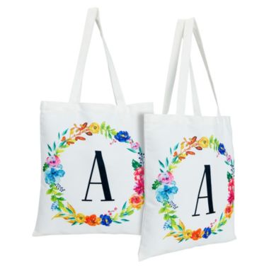 Okuna Outpost Set of 2 Reusable Monogram Letter A Personalized Canvas Tote Bags for Women, Floral Design (29 Inches). View a larger version of this product image.