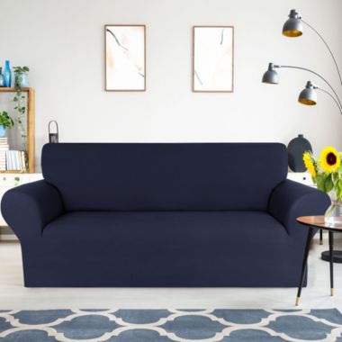 PiccoCasa Stretch Sofa Slipcover, 1-Piece Spandex Soft Couch Sofa Cover for 3 Cushion Couch with 1 Throw Pillow Cover, 190 GSM Washable Furniture Covers for Dogs, L, Navy. View a larger version of this product image.