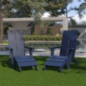 Flash Furniture Set of 2 Sawyer Modern All-Weather Poly Resin Wood Adirondack Chairs with Foot Rests in Navy