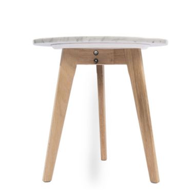 The Bianco Collection Cherie 15" Round Italian Carrara White Marble Side Table with Oak Legs. View a larger version of this product image.