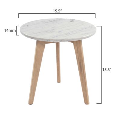 The Bianco Collection Cherie 15" Round Italian Carrara White Marble Side Table with Oak Legs. View a larger version of this product image.