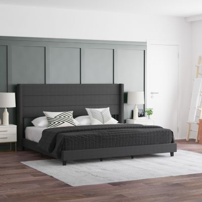 Emma and Oliver Holt Modern Charcoal Channel Stitched Faux Linen Upholstered King Platform Bed with Wingback Headboard and Wooden Support Slats; No Box Spring Needed