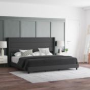 Emma and Oliver Holt Modern Charcoal Channel Stitched Faux Linen Upholstered King Platform Bed with Wingback Headboard and Wooden Support Slats; No Box Spring Needed