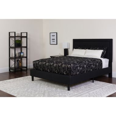 Flash Furniture Roxbury Queen Size Tufted Upholstered Platform Bed in Black Fabric with Pocket Spring Mattress. View a larger version of this product image.