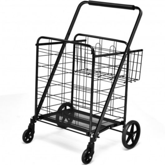 Costway Heavy Duty Folding Utility Shopping Double Cart-Black