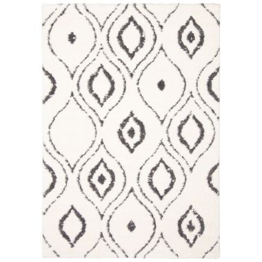 Chaudhary Living 7.75' x 10' Off White and Gray Ikat Moroccan Rectangular Shag Area Throw Rug. View a larger version of this product image.