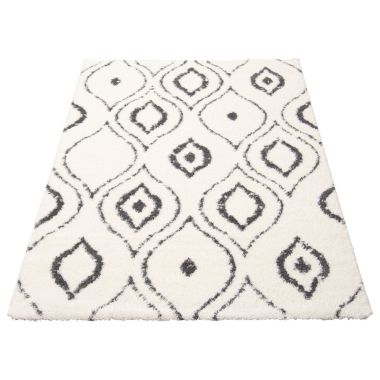 Chaudhary Living 7.75' x 10' Off White and Gray Ikat Moroccan Rectangular Shag Area Throw Rug. View a larger version of this product image.