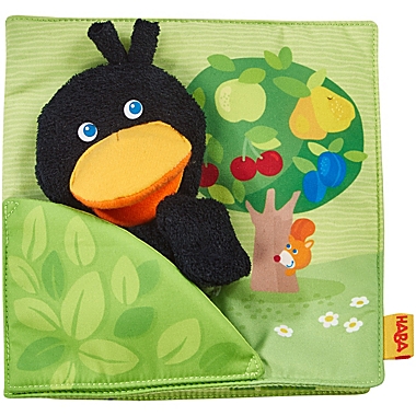 HABA Fabric Book Orchard with Raven Finger Puppet and Removable Fruit. View a larger version of this product image.
