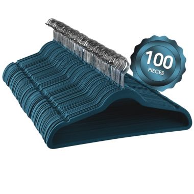 Elama Home 100 Piece Velvet Slim Profile Heavy Duty Felt Hangers with Stainless Steel Swivel Hooks in Blue. View a larger version of this product image.