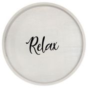 Elegant Designs Decorative 13.75" Round Wood Serving Tray with Handles, "Relax"