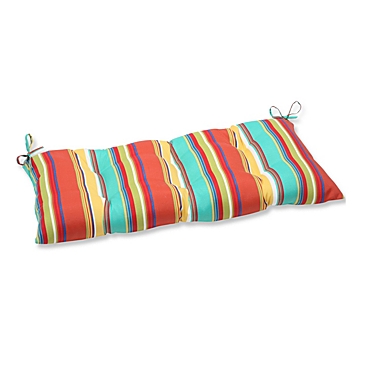 Pillow Perfect 44" Yellow and Blue Striped Outdoor Patio Tufted Bench Cushion. View a larger version of this product image.