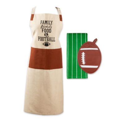 Contemporary Home Living Set of 3 Brown, Beige, and Green Kitchen Essentials Football-Themed Apron, Dishtowel, and Potholder, 35"
