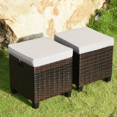 Gymax Set of 2 Patio Wicker Rattan Ottoman Footrest Garden Outdoor w/ Cushion. View a larger version of this product image.