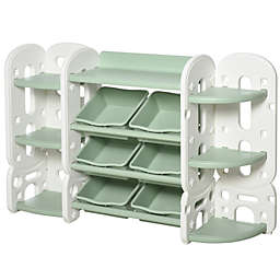 Qaba Kids Toy Storage Organizer Book Shelf with 3 Separate Shelving Sections, 7 Shelves, & 6 Removeable Bins, Green
