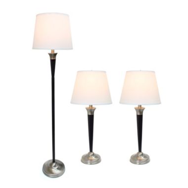 Lalia Home Perennial Modern Sonoma 3 Piece Metal Lamp Set (2 Table Lamps, 1 Floor Lamp) For Living Room, Bedroom, Home Decor With White Tapered Drum Fabric Shades With Malbec Black And Brushed Nickel Finish. View a larger version of this product image.