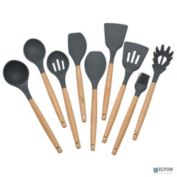 9 Piece Charcoal Colored Silicone Kitchen Utensils Set with Wooden Handles