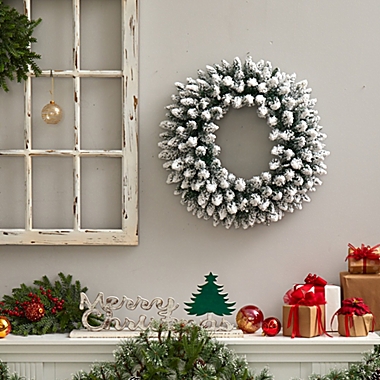 Nearly Natural 24"D Flocked Artificial Christmas Wreath with 160 Bendable Branches and 35 Warm White LED Lights. View a larger version of this product image.