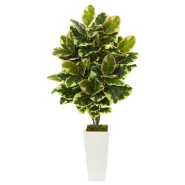Nearly Natural 4' Artificial Variegated Rubber Leaf Plant in White Tower Vase. View a larger version of this product image.
