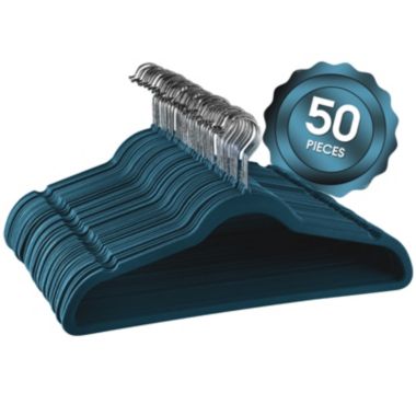 Elama Home 50 Piece Flocked Velvet Clothes Hangers with Stainless Steel Swivel Hooks in Blue. View a larger version of this product image.
