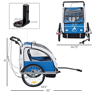Aosom Elite 360 Swivel 2-In-1 Double Child Two-Wheel Bicycle Cargo Trailer Stroller With 2 Security Harnesses, Blue. View a larger version of this product image.