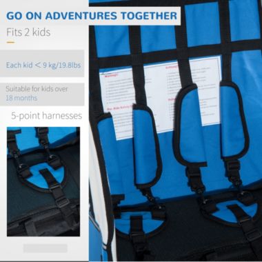 Aosom Elite 360 Swivel 2-In-1 Double Child Two-Wheel Bicycle Cargo Trailer Stroller With 2 Security Harnesses, Blue. View a larger version of this product image.