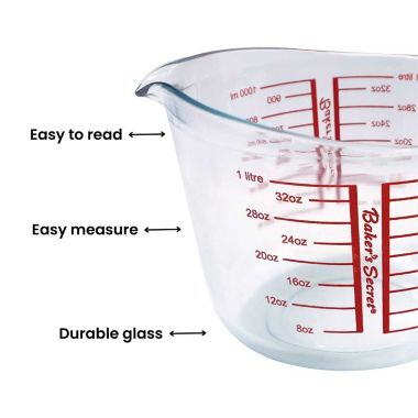 Baker's Secret Glass 1000ml Measuring Cup, Durable, Kitchen Essentials, Baking Essentials, Clear. View a larger version of this product image.
